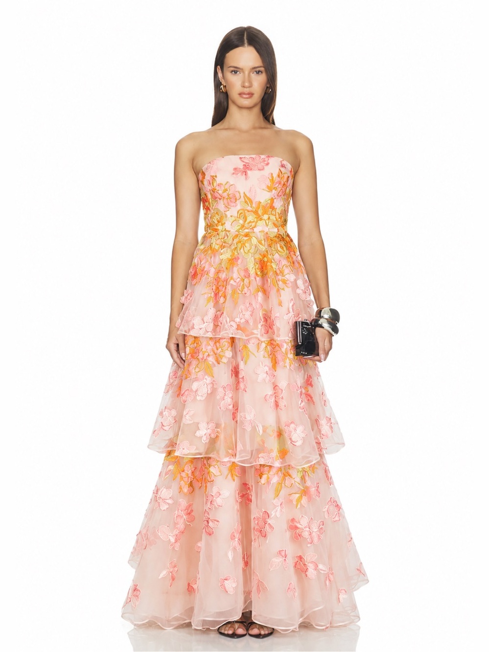 Marchesa Notte Falling Flowers Tiered Gown